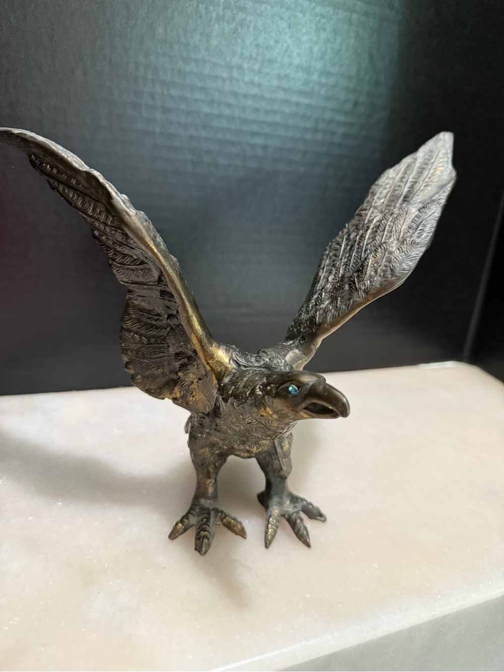 Vintage Bronze Statue Bald Eagle with Blue Rhinestone Eyes -Very Heavy
